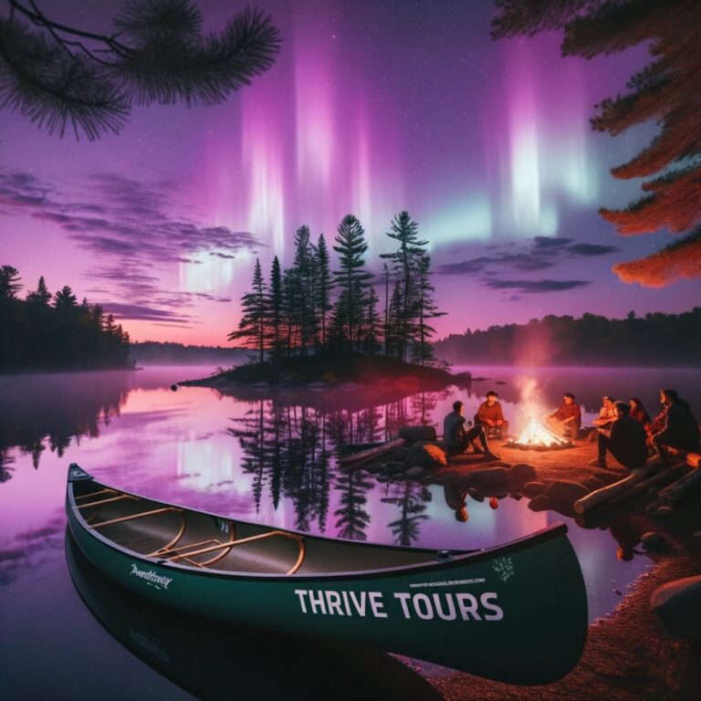 DALL·E 2023 10 25 02.04.33 Photo of a serene Northern Ontario landscape during twilight. In the foreground theres a canoe with the words Thrive Tours gently floating on a ca 768x768